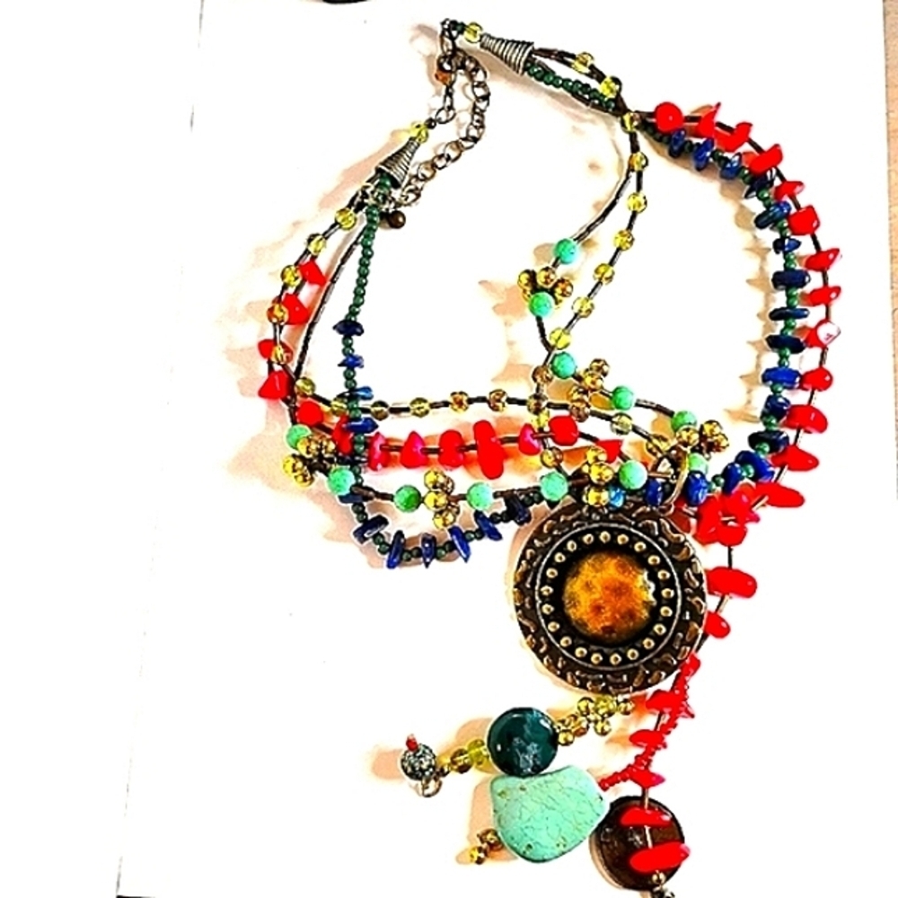 Vintage Jewel &  Stone Year of the‎ Ox and Budda Pendant Multi Strand Necklace